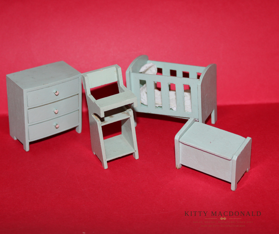 Vintage Dolls House  Barton Nursery Furniture Set  Dropside Cot, Chest of Drawers KM314