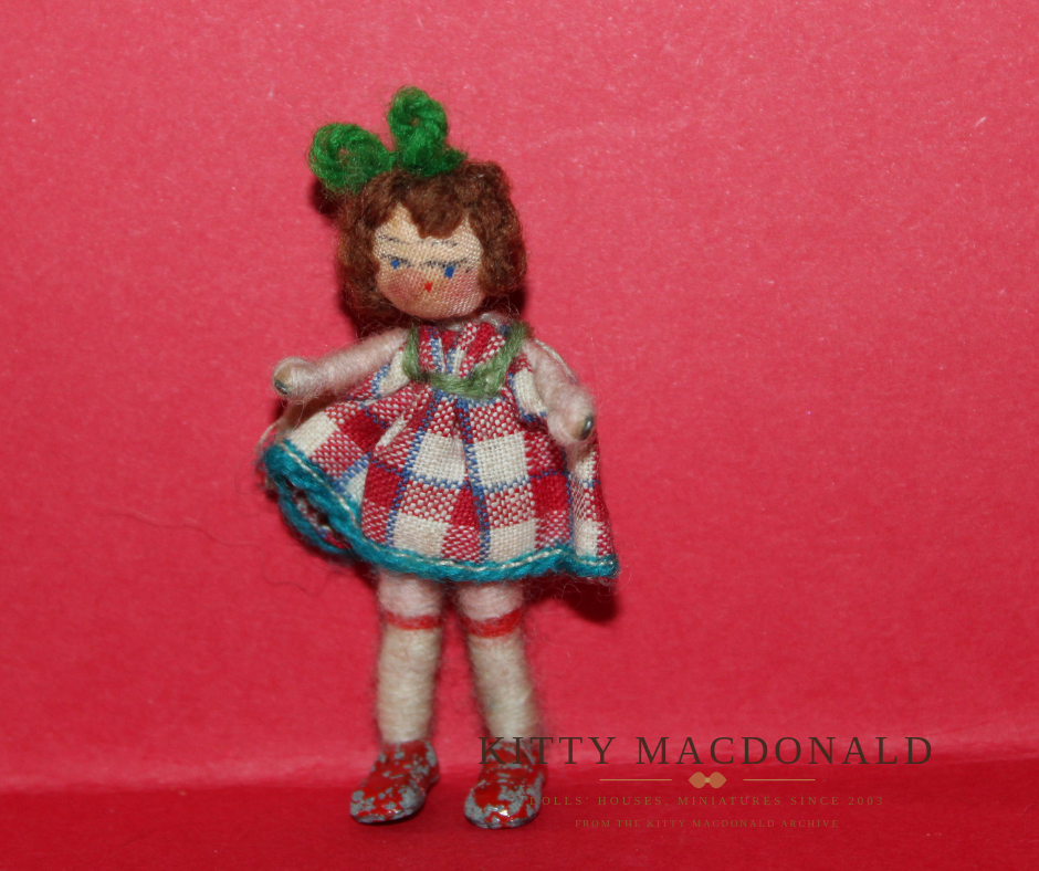 Vintage Grecon Dolls House Girl Doll in Checked Dress KM340