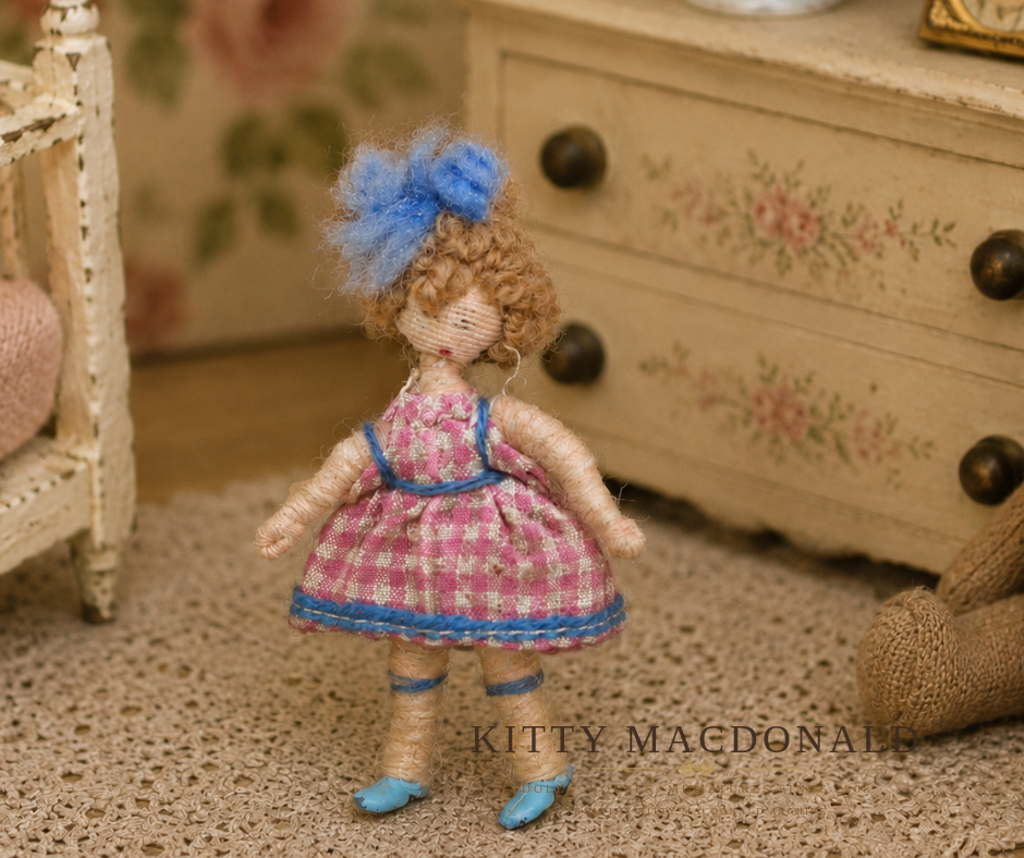 Vintage Grecon Dolls House Girl Doll in Pink Gingham Dress KM338