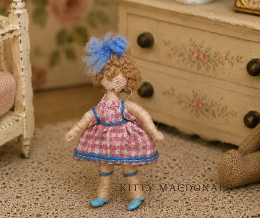 Vintage Grecon Dolls House Girl Doll in Pink Gingham Dress KM338