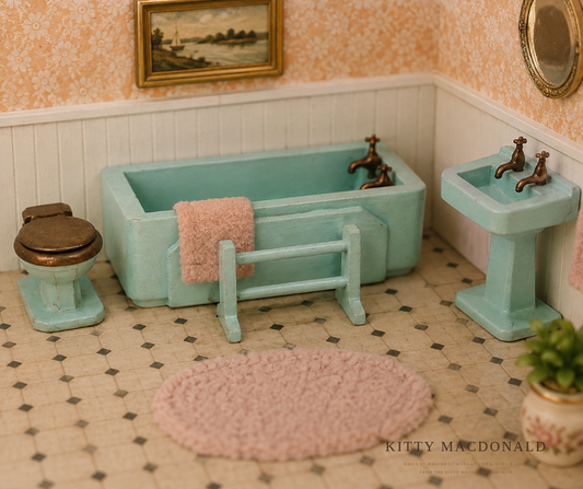 Vintage Dolls House Dol Toi Bathroom Suite Bath Sink Toilet & Towel Rail KM451