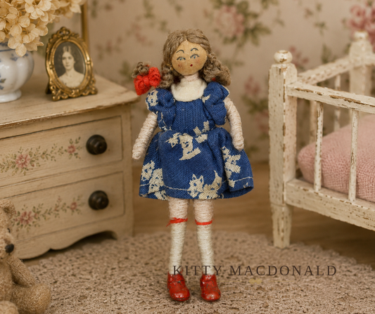 Vintage Grecon Dolls House Girl Doll in Blue Dress KM339