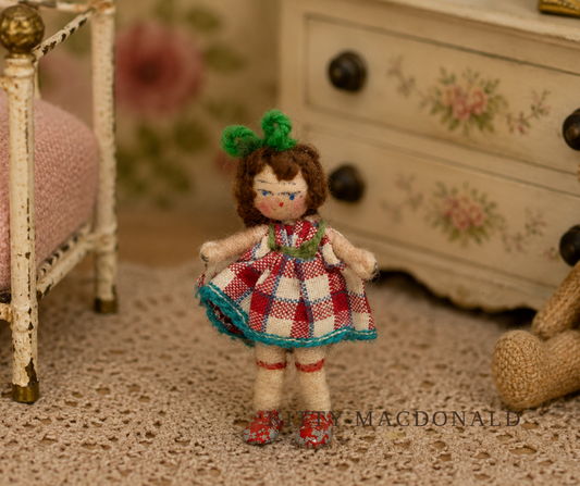 Vintage Grecon Dolls House Girl Doll in Checked Dress KM340