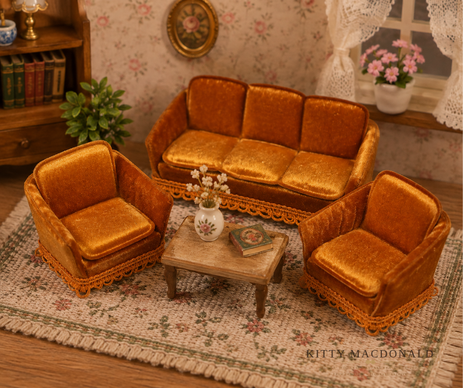 Vintage Dolls House Lundby Gold Velvet Lounge Suite KM035
