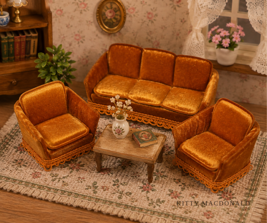 Vintage Dolls House Lundby Gold Velvet Lounge Suite KM035