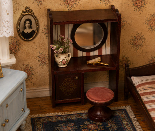 Vintage Dolls House Lundby Dark Wood Dressing Table & Stool KM084