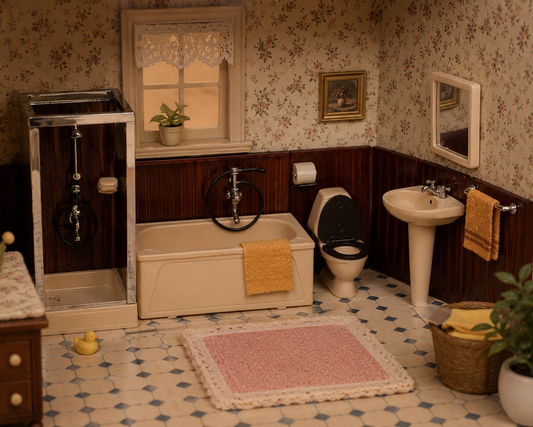 Vintage Dolls House Lundby Dark Wood Bathroom Suite Shower Sink Bath Towel Rail & Toilet KM545