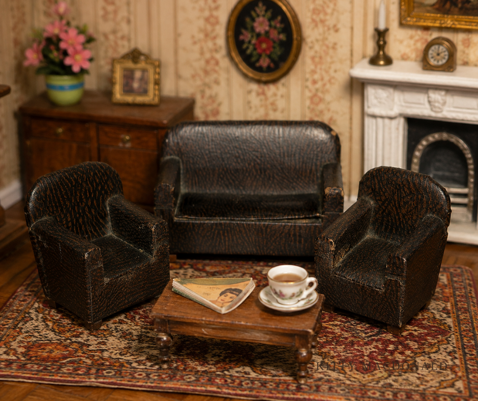 Vintage Pit a Pat Dolls House Rexine Lounge Suite KM306