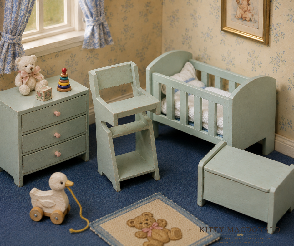 Vintage Dolls House  Barton Nursery Furniture Set  Dropside Cot, Chest of Drawers KM314