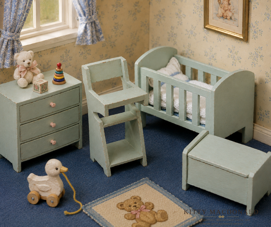 Vintage Dolls House  Barton Nursery Furniture Set  Dropside Cot, Chest of Drawers KM314
